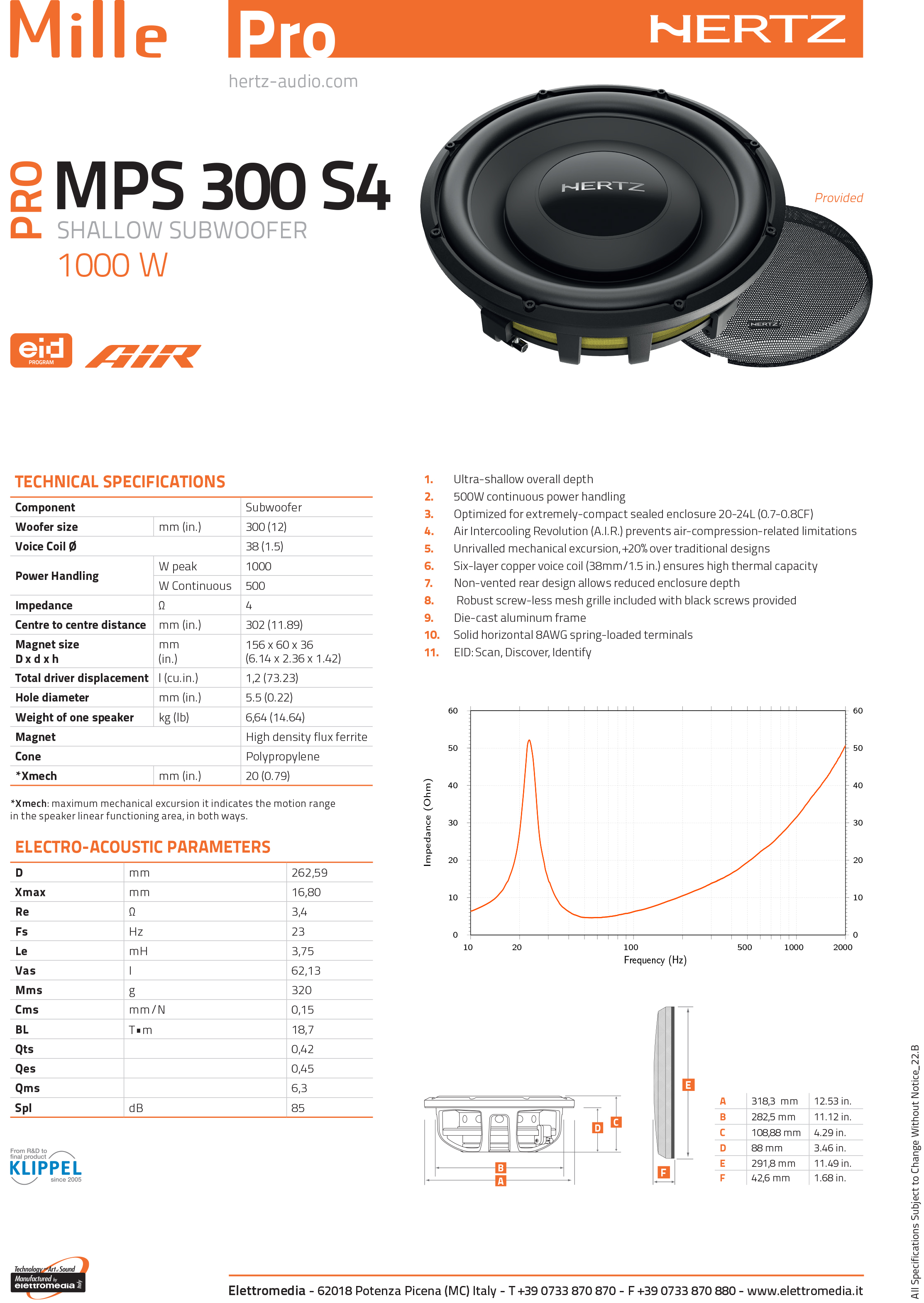 Hertz MPS 300 S4 Subwoofer 30cm 1000W 500W RMS 4ohm Single Voice Spule